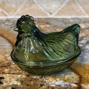 Vintage Small Green Glass Hen Dish